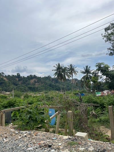 This is a photograph of a rural landscape in Lubuksidup, Indonesia, under a cloudy sky. In the foreground, a pile of rocks and debris is visible, along with some broken concrete pillars and a wooden structure. Several green plants and trees are scattered throughout the scene. In the mid-ground, a blue water tank stands near some rudimentary buildings with corrugated metal roofs. Palm trees are prominent, particularly in the center of the image. The background features a densely forested hillside with areas of exposed earth, indicating potential erosion or land disturbance. Power lines are strung across the upper portion of the frame. The overall impression is one of a developing or somewhat neglected rural area.