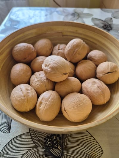 The image shows a close-up, overhead view of a wooden bowl filled with walnuts. The bowl is light brown and has a ribbed texture around the rim. The walnuts are light brown and vary in size and shape, with some appearing more rounded and others more oval. They are arranged in a somewhat haphazard pile within the bowl. The bowl is placed on a patterned tablecloth, which has black and white floral designs. The background is slightly blurred, showing a light-colored surface that could be a table or countertop, with some light coming from the left. The lighting is natural and casts soft shadows. There are no people visible in the image. The scene is domestic and appears to be indoors. The location of Arseniev, Russia is not discernible from the visual information in the image.