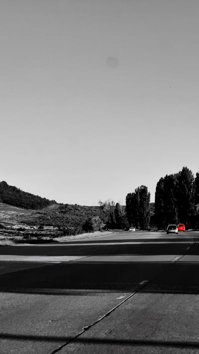 This is a black and white photograph of a road, with a section of the sky and a hillside on the left. The image is oriented vertically. A road runs along the right side of the frame, with a series of parallel lines suggesting lanes or shadows. The surface of the road appears to be asphalt and shows a prominent crack. On the left side of the road, there is a wooded hillside with lush trees. Several vehicles are visible on the road, parked in a line near a cluster of trees. One of these vehicles, a car with a red roof, stands out due to the selective color highlighting. The sky takes up a significant portion of the left side of the image and is a light, overcast gray, indicating a cloudy or overcast day. A small, dark spot is visible on the sky. The overall scene suggests a rural or semi-rural setting. There is no visible text in the image. The time of day is indeterminate due to the overcast conditions.