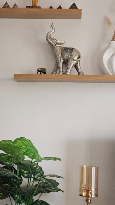 An interior scene in the city of Sousse, Tunisia, displays a section of a light-colored wall adorned with two wooden floating shelves holding decorative items. The upper, partially visible shelf features a central golden statue, possibly a Buddha, flanked by multiple small, dark, pyramidal objects. The middle shelf, directly below, holds a large, ornate silver-colored elephant figurine with its trunk raised, positioned to the right of a smaller, dark-colored elephant figurine. To the far right of this shelf is a white vase containing dried pampas grass-like reeds. Below the shelves, in the lower left quadrant of the image, a large green houseplant with broad, variegated leaves is visible. In the lower right quadrant, a golden-toned candlestick with an amber-tinted glass cylinder stands. The wall behind these objects is uniformly light-colored.
