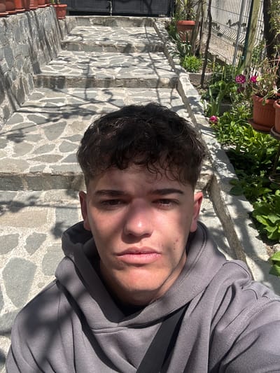 A young male, presumably in his late teens or early twenties, is depicted in a selfie-style photograph taken outdoors in Delchevo, Bulgaria. He has dark curly hair and is wearing a grey hooded sweatshirt. He is standing on stone steps with a distinctive mosaic pattern. The steps lead up to a stone wall with potted plants and greenery. The photograph is taken in bright sunlight, creating shadows on the steps and the wall. A metal fence is visible in the background.