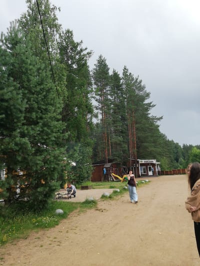 In the city of Shapkı, Russia, a sandy area is depicted with a backdrop of tall pine trees and deciduous trees. To the left, a yellow building with white trim is partially visible, with a large pine tree in the foreground. A man is crouched near a grill in front of the building, preparing food. A playground structure with slides is also located to the left of the building. A small cafe, labeled "ПИКНИК" (Picnic), is situated in the center of the image, with a doorway and windows. Two women are present in the scene. One, wearing a brown top and blue pants, walks towards the cafe. The other, in a tan fuzzy jacket and black pants, stands on the right side of the frame, looking to the left. The sky is overcast, suggesting a cloudy day.