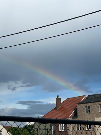 The image shows a view of rooftops and a rainbow in Westerlo, Belgium. In the foreground, a black chain-link fence runs horizontally across the bottom of the frame. Behind the fence, several houses are visible with red tile roofs and brick facades. A prominent red-tiled house with a chimney is to the left, and a darker brick house with windows is to the right.

Above the houses, a rainbow arches across a cloudy sky. The sky is a mixture of dark grey storm clouds and patches of blue. Two black wires are stretched horizontally across the upper portion of the image, obscuring a small part of the sky. The overall scene suggests a post-rain or impending-rain atmosphere. No people are visible in the image.