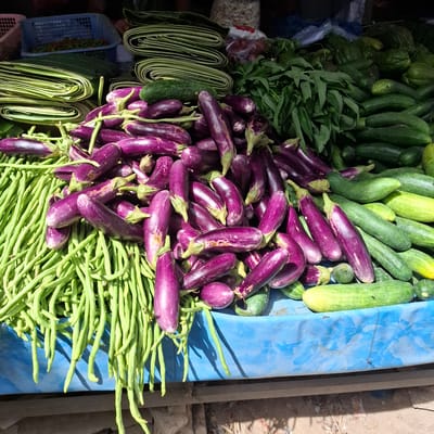 A market stall in Mesjid Tuha, Indonesia, displays a variety of fresh produce. In the foreground, a large pile of long, thin green beans spills over a blue plastic tarp. Behind the beans, a generous mound of slender purple eggplants is visible, their stems and calyxes intact. Further back, stacks of folded green leaves, possibly banana leaves, are arranged. Interspersed with the eggplants and leaves are numerous green cucumbers, varying in size and shade. A blue plastic basket filled with red chili peppers sits in the upper left corner, partially obscured. The overall scene suggests a vibrant and bountiful agricultural market.