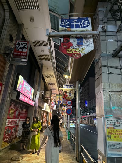 This is a photograph taken at night in Adachi, Japan, likely on a street with many shops and businesses. The image is oriented vertically, showing a busy commercial area.
The primary subjects are three women walking on a sidewalk. The woman closest to the camera has long black hair and is wearing a light-colored dress. She is walking away from the viewer. Further down the street, another woman in a bright green dress is walking towards the camera, holding a white umbrella. A third woman in a dark top and checkered skirt is walking alongside her.
Various signs with Japanese text are visible throughout the scene, indicating businesses and advertisements. Some signs appear to be for restaurants or food establishments, with phrases like "とんかつ" (tonkatsu) and "お弁当・お惣菜" (bento and side dishes). Other signs mention services like "おたからや" (a pawnshop chain) and "7Days". There are also traffic signs, including a speed limit sign indicating "40".
The setting is an urban street at night, illuminated by shop lights and streetlights. The architecture suggests a covered shopping street or arcade. The overall mood seems to be lively and typical of a commercial district at night. The presence of the women walking and the illuminated signs suggest normal evening activity in this location.