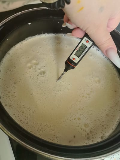 An overhead, medium shot shows a person's hand holding a digital thermometer with a metal probe immersed in a frothy, light-colored liquid within a black pot. The thermometer displays a temperature of "75.9". The liquid appears to be a food or beverage preparation, possibly milk or a dairy-based mixture, with numerous small bubbles on its surface. The background is out of focus and shows a hint of a person's arm and nails with light-colored polish. The scene is captured from a high angle, looking down into the pot. This image does not contain any information that would allow for its location to be determined, including Pervouralsk, Russia.