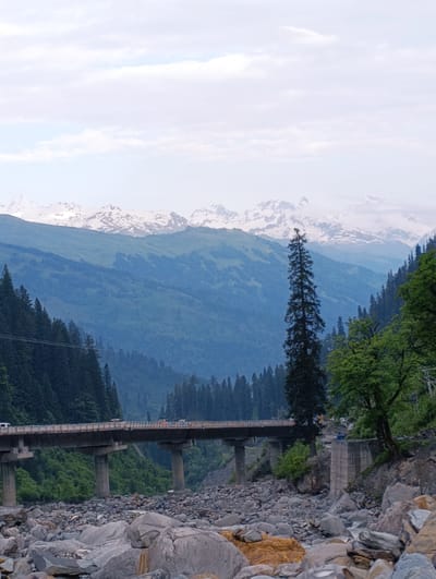 The image depicts a wide, multi-lane bridge spanning a rocky riverbed in Dhundi, India. The bridge is supported by multiple concrete pillars and carries several vehicles, suggesting active traffic. On either side of the bridge, dense evergreen forests climb the steep slopes of mountains. In the background, majestic snow-capped peaks rise against a cloudy sky, indicating a high-altitude, mountainous terrain. The foreground is dominated by large, grey rocks and the flowing water of a river.