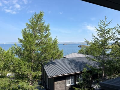 The image shows a view from an elevated vantage point, looking out over a body of water towards a distant shoreline with mountains. In the foreground, there are several evergreen trees, primarily on the left and right sides of the frame, with their branches reaching towards the center.
In the mid-ground, there are two dark-colored buildings with corrugated metal roofs. The building on the left is a smaller, single-story structure with dark wooden siding and a white-framed window. The building on the right is larger, with a similar dark siding and a prominent dark gray corrugated metal roof. There are glimpses of other structures and what appears to be a white vehicle or trailer behind the trees on the left.
The body of water is a deep blue, with small waves and a few scattered rocks or small islands visible in the distance. The sky is a bright blue with scattered white clouds. The overall scene suggests a natural, possibly remote, setting. The prompt mentions Sarma, Russia, which is a village on the northeastern shore of Lake Baikal. This location is consistent with the presence of a large body of water, mountainous terrain in the distance, and evergreen trees.