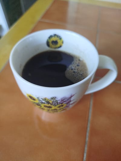 A close-up, overhead shot captures a white ceramic coffee mug filled with dark coffee, resting on a tiled surface. The mug features a decorative pattern of sunflowers and possibly other flowers. The coffee has a frothy surface with small bubbles. The tiled surface is a warm, earthy orange with grout lines visible. A yellow object, possibly a placemat or a strip of fabric, is partially visible in the upper left corner of the image. The lighting suggests an indoor environment, possibly a kitchen or dining area. The image does not contain any people or visible interactions. The scene is static and focused on the coffee mug and its immediate surroundings. The location of Tolbitsa, Russia, is not depicted or implied in the image itself.