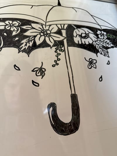 This media file displays a decorative illustration of an umbrella, partially visible on a plain, light-colored background. The umbrella is adorned with intricate floral and leaf patterns, rendered primarily in black with white outlines, and features small green accents for berries. The handle of the umbrella is prominently shown on the right side of the image, characterized by a dark, curved design with textured brushstrokes. Scattered around the main umbrella design are individual black-outlined leaves and small clusters of green berries. The overall aesthetic suggests a stencil-like or hand-painted design, possibly on a glass surface or a whiteboard, as indicated by faint linear scratches visible in the background. There are no people, explicit activities, specific time of day, weather conditions, or visible text in the image.
