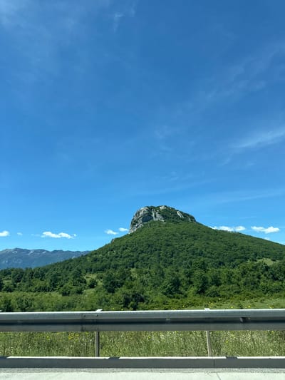 A striking mountain peak, covered in lush green trees, dominates the center of the image. The mountain has a rugged, rocky summit with visible crevices and texture. In the background, a range of distant mountains is partially obscured by haze, also covered in vegetation. The sky is a clear, vibrant blue with a few wispy white clouds scattered across it. In the foreground, a metal guardrail runs horizontally across the frame, suggesting the photo was taken from a road or elevated viewpoint. Below the guardrail, a field of green grass dotted with small yellow and white wildflowers stretches out, transitioning into denser foliage at the base of the mountain. The image captures a serene, natural landscape under a bright, sunny sky. The location is specified as being in the vicinity of Gornja Ploča, Croatia, a region known for its picturesque natural scenery.