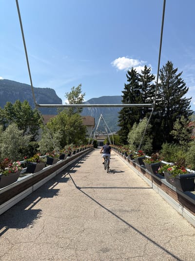 The media file displays a person cycling on a path next to a wooden railing adorned with planters filled with flowers. The path appears to be paved with a gravelly material and is bathed in sunlight, casting long shadows. In the background, lush green trees and a building with a tiled roof are visible, hinting at a pleasant outdoor setting. Further in the distance, imposing mountains rise under a clear blue sky with a few wispy clouds. The scene suggests a warm, sunny day, likely in the late morning or early afternoon due to the angle of the sun and the length of the shadows. The overall atmosphere is tranquil and scenic, with the natural beauty of the mountains contrasting with the man-made structures of the path and railing. The presence of flowers and the activity of cycling evoke a sense of leisure and enjoyment. The location is identified as Cluses, France. There is no visible text in the media file.