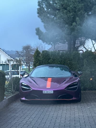 A purple McLaren sports car with a central orange racing stripe is parked on a dark gray brick driveway. The license plate reads "ZH-383615," indicating registration in the Canton of Zurich, Switzerland. The car faces towards the viewer. The background features a variety of trees and bushes, some evergreen and some bare-branched, under a cloudy sky. A two-story building with green trim and a white railing is partially visible behind the car. The lighting suggests it is early morning or late afternoon on a slightly overcast day. While precise geolocation within Wetzikon is impossible without additional information, the setting is typical of a residential area within the city.