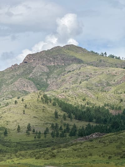 The image shows a vast, rocky mountain slope covered in sparse green grass and scattered pine trees under a cloudy sky. The mountain's peak is rugged and rocky, with patches of green vegetation clinging to its sides. The lower slopes are also green and dotted with trees, suggesting a temperate climate. The scene is devoid of any human presence or activity. The photograph captures a natural landscape, likely in a rural or mountainous region. The text explicitly states the location is in the city of Anchyl-Chon, Russia.