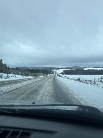 A long, straight, snow-covered road stretches into the distance, flanked by snow-covered fields and wooded areas. The sky is overcast. The photo appears to be taken from inside a vehicle moving along the road. The location is possibly near or around Samolet, Russia, based on the prompt. No people are visible. The primary objects are the road, snow, fields, trees, and the interior of a vehicle. The road appears to be traveled, as tire tracks are visible.