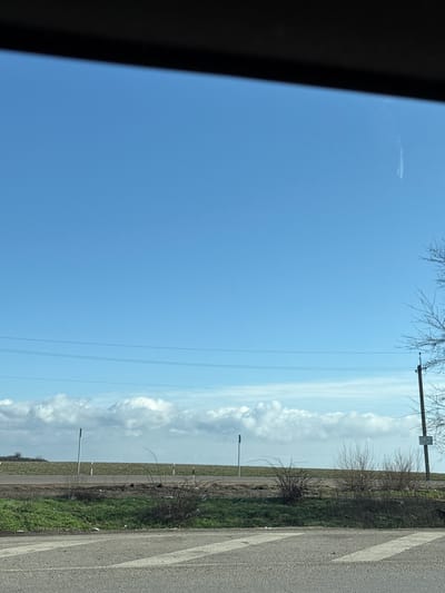The image depicts an exterior scene in Uspenka, Ukraine, viewed from inside a vehicle, indicated by a dark horizontal bar at the top of the frame. The upper two-thirds of the image show a clear, bright blue sky with a faint white contrail in the upper right quadrant. A horizontal band of white cumulus clouds extends across the middle ground. Below the clouds, a flat, elevated expanse of green, possibly cultivated land, stretches across the horizon, marked by several white vertical posts.
In the midground, a dark, unpaved strip of land separates the elevated field from the foreground. This strip features sparse, leafless deciduous bushes and patches of green grass, with visible scattered litter, including white plastic debris. Two slender, dark-colored poles are positioned vertically within this area. A dark utility pole with cross-bars and bare tree branches is visible on the far right, extending from the midground into the sky. Multiple thin utility lines traverse horizontally across the sky, connecting to the utility pole.
The foreground consists of a grey, textured road surface, likely asphalt or gravel. Two parallel, light-colored rectangular strips, possibly concrete or painted markings, are present on this road, angled slightly from the lower left towards the lower right. No individuals, animals, or active events are present within the scene. The lighting suggests broad daylight conditions.