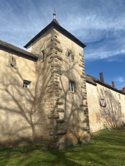 The image displays an exterior view of a historic stone building complex situated in Weißenburg in Bayern, Germany. The central feature is a multi-story, light-beige corner tower constructed with projecting rough-hewn stone quoins, topped by a steeply pitched dark-tiled roof with a copper finial. An adjacent structure extends to the left, featuring a smaller window with a white frame and a partial red interior visible, and another irregularly shaped opening. To the right, a connected building section displays several windows, one with partially open white shutters, and a dark chimney rising from its dark-tiled roof. The scene is illuminated by direct sunlight, casting distinct, intricate shadows of bare tree branches across the building facades and onto the vibrant green grass occupying the foreground. The sky is bright blue with scattered white clouds. No human figures or discernible actions are present.