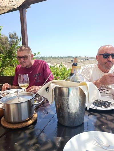 Two men are seated at a table outdoors, presumably at a restaurant with a view of a landscape in Sines, Portugal. The man on the left, wearing glasses and a maroon t-shirt, is eating from a plate and has a glass of white wine in front of him. To his right, there is a silver pot with a lid. The man on the right, wearing sunglasses and a light-colored t-shirt, is also eating and has a plate of black food. Between them, there is a silver ice bucket with a white cloth draped over it and two bottles, one dark and one clear. The table is made of dark wood. The background shows lush greenery and a hazy, arid landscape with some construction. The sky is clear and blue.