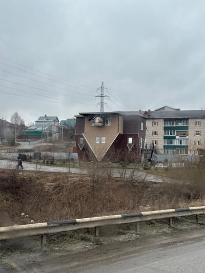 The image captures a somber, overcast day in what appears to be a residential or semi-urban area of Filippovka, Russia. The sky is a uniform light grey, indicating heavy cloud cover.
In the mid-ground, several buildings are visible. A prominent multi-story apartment building with light grey brick walls features a section of green-framed windows or balconies. In front of it, slightly to the left, is a smaller, darker brown brick house with a pointed roof, notable for an ornate, antique-style street lamp attached to its corner. Further into the background and to the left, more residential buildings of varying sizes and colors can be seen.
To the far left of the frame, a large electrical transmission tower (pylon) stands, with multiple power lines stretching diagonally across the sky.
The foreground on the right side features a worn metal guardrail, painted with alternating black and white stripes, running parallel to a dirt or gravel road that appears damp or muddy. Beyond the guardrail, the ground is covered with dry, brown, dormant vegetation and shrubs, suggesting a late autumn, winter, or early spring season. A few small pieces of white litter are scattered on the ground near the guardrail.
A single person, dressed in dark attire, is walking on a path or sidewalk in the mid-ground, moving towards the lower left of the frame, near the base of the buildings. The scene conveys a quiet, subdued atmosphere, characteristic of a cold, grey day. No legible text is visible anywhere in the image.