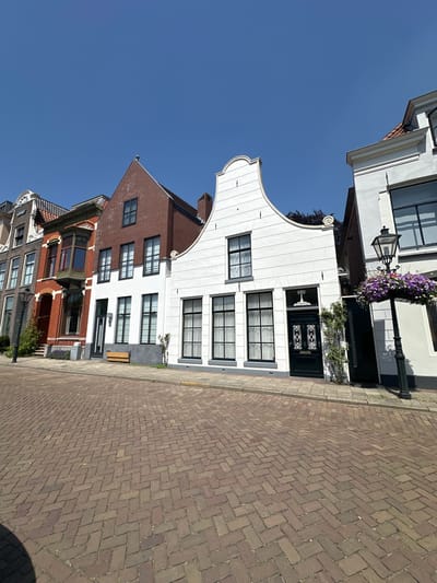 The image depicts a row of historic Dutch houses on a sunny day in the city of Zwolle, Netherlands. The houses are built in a traditional architectural style with distinct gabled roofs and large windows. The street in front of the houses is paved with red brick in a herringbone pattern. A lamppost adorned with flowers stands on the right side of the image. The sky is clear and blue. No people are visible in the scene. The houses appear well-maintained and are situated in what seems to be a historic district.