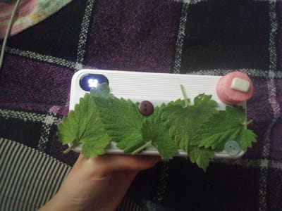 The image shows a close-up of a white rectangular object, possibly a phone case, decorated with green leaves. A person's hand is holding the object from the bottom. On the left side of the object, there is a dark oval shape with a light-up pattern. Further to the right, there is a small brown button. More green leaves are attached to the object, and on the right side, there is a round pink object with a small white square on top. The object is resting on a textured surface with a plaid pattern in shades of purple and black. The background suggests an indoor setting. There is no information available about the location in Шарпілаўскі сельскі Савет, Belarus, in relation to this image.