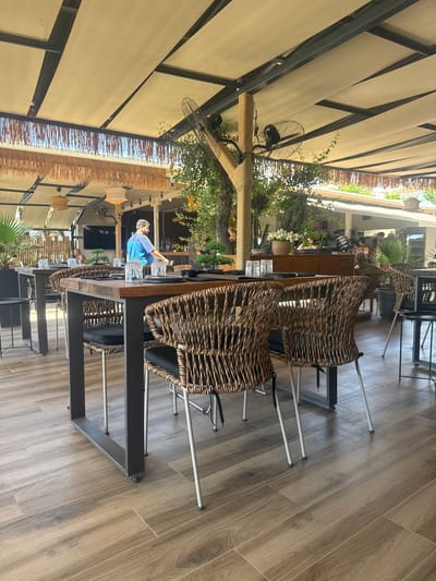 An outdoor dining area of a restaurant, possibly in Nea Moudania, Greece, is depicted under a tan canvas awning supported by a metal frame. Wicker chairs with black cushions surround wooden tables set with glassware and plates. In the background, a person wearing a blue shirt and shorts walks away from the camera, and other patrons are visible further back near a counter. The floor is tiled with a wood-grain pattern. Foliage and decorative elements, including lamps and fans, are integrated into the outdoor setting.
