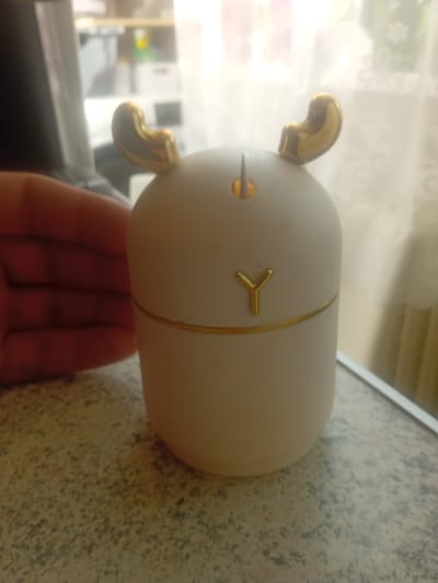 A close-up, slightly tilted, eye-level shot captures a light-colored, cylindrical object with gold accents, resembling a small humidifier or diffuser. It is adorned with two curved gold antlers on its top, and a gold "Y" shape on its front, suggesting a deer-like design. A thin gold band encircles the object horizontally. In the background, a blurry interior scene is visible, with hints of shelves and possibly window curtains. The object rests on a speckled, light-colored countertop. A hand, with fingers partially visible on the left side of the frame, appears to be holding or near the object. The scene is indoors and the lighting suggests ambient indoor illumination, possibly with some natural light filtering from a window. There is no identifiable location in the city of Liberec, Czechia.