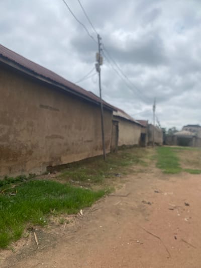 The image depicts a street scene in Gulum, Nigeria, under an overcast sky. On the left, a long, single-story building with a reddish, corrugated metal roof runs parallel to a dirt road. The building's walls are made of light brown, textured mud plaster, showing some signs of wear and tear, with horizontal darker patches and some lighter gray patches near the base. A narrow strip of green grass grows along the base of the building, interspersed with dry leaves and some scattered debris. The dirt road in the foreground is a reddish-brown color, with some scattered dry vegetation and debris. Further down the street, more buildings are visible, also with corrugated metal roofs, and utility poles with electrical wires stretch across the frame. In the distance, another building with a more elaborate roof structure is partially visible. The overall impression is of a somewhat dilapidated but functional urban or semi-urban environment.