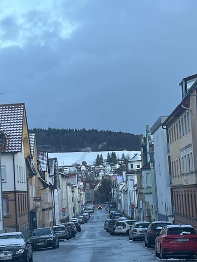 A town sits between a wooded area and a sky covered with clouds. Buildings line both sides of a street, where vehicles are parked. Snow is visible on the rooftops of some buildings and on the ground. The perspective suggests the photo was taken from an elevated position, possibly overlooking the town.
