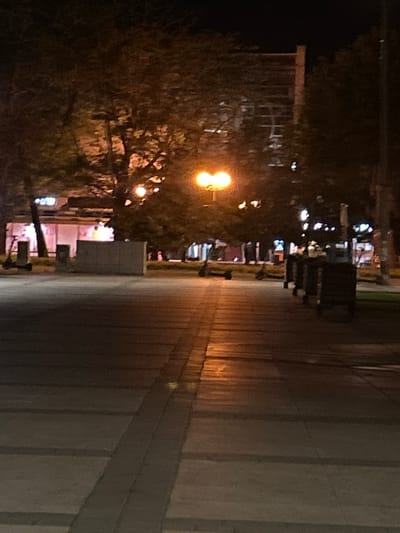 The image depicts a nighttime scene on a paved walkway in a city, likely Siedlce, Poland, given the context. The walkway is constructed of large, rectangular concrete slabs, with darker concrete or asphalt strips separating them, creating a geometric pattern. A line of dark, box-like structures, possibly trash receptacles or planters, is visible on the right side of the walkway, casting shadows. Beyond the walkway, there are trees with their branches silhouetted against the night sky, some illuminated by nearby streetlights. A distinctive streetlight with a double-bulb fixture, emitting a warm orange glow, stands prominently in the middle ground. In the background, a building with visible windows and structural elements can be seen, partially obscured by trees. The overall atmosphere is dark and somewhat illuminated by artificial light. No people are clearly visible in the scene.