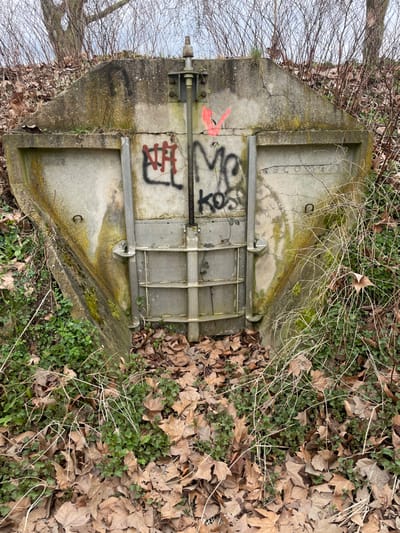 The image depicts a concrete water control structure, specifically a sluice gate mechanism, situated within an earthen bank in Holtzheim, France. The structure is trapezoidal, primarily composed of weathered grey concrete with visible moss and water staining. A vertical, galvanized metal sluice gate, reinforced with horizontal bars, is positioned centrally at the lower section of the concrete opening. This gate is operated by a prominent vertical threaded rod extending upwards through a bolted bracket mounted on the upper concrete section.

Graffiti is present on the concrete panels flanking the operating rod: to the left, red cross-hatched characters and black letters that appear to be "EL"; to the right, black letters spelling "Mo kos". A distinct red inverted 'V' or check mark is spray-painted on the upper concrete surface to the right of the rod. Faint, raised lettering, possibly "KROWE" or "KROVVER," is visible on the concrete panel to the right of the gate. A metal ring or handle is embedded in the lower left concrete section.

The ground in the foreground and immediately surrounding the structure is heavily covered with a dense layer of dry, brown deciduous leaves, intermingled with patches of green ground cover. Sparse, bare deciduous branches and twigs emerge from the leaf litter and earthen banks on either side. In the background, leafless deciduous trees with slender branches are visible against an overcast sky, suggesting a late autumn or winter season. No individuals or active interactions are present in the scene.