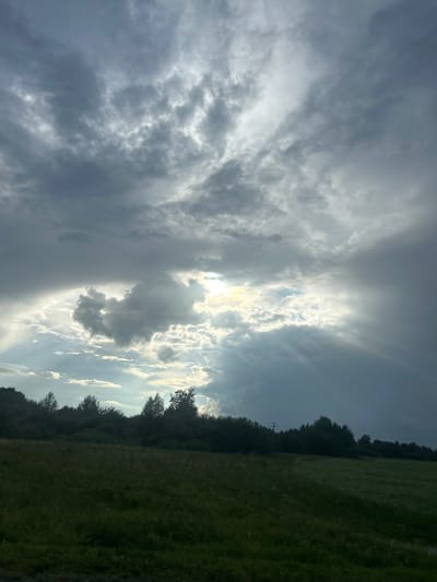 This is a vertically oriented, wide-angle photograph of a dramatic sky over a rural landscape in Izh-Boyki, Russia. The sky is filled with a mix of dark, heavy clouds and brighter, wispy ones, with the sun breaking through in a brilliant burst of light and rays. The sunlight creates a halo effect, illuminating the edges of the clouds and casting a luminous glow. The weather appears to be transitioning, possibly from rain to clear skies, or vice versa.
On the right side of the image, a dark line of trees forms a dense border against the sky. Beyond the trees, a field of green grass, likely a meadow or pasture, stretches into the distance. The grass is varied in color, suggesting it is either naturally uneven or partially illuminated by the sunlight. A faint line of poles, possibly for electricity or fencing, is visible in the distance along the tree line.
The scene evokes a sense of awe and the power of nature, with the contrast between the dark, turbulent clouds and the brilliant sunlight creating a dynamic and visually striking effect. The time of day is suggested by the angle of the sun and the quality of light, likely late afternoon or early evening. There is no visible text in the image. The overall mood is one of natural grandeur and the beauty of a changing sky.