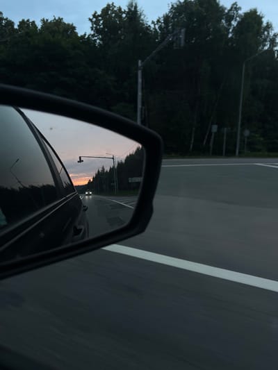 The image, taken from a car in motion, shows a view through the side-view mirror of a road at dusk. The mirror reflects a sunset sky with hues of orange and pink, silhouetted trees, a traffic light, and a few distant cars on a wet road. The car's side panel is visible in the foreground of the mirror. Outside the mirror, the road surface, marked with a white line, is visible, with trees lining the road and streetlights. The overall scene suggests travel on a highway or a suburban road in Dmitrievka, Russia, during twilight.