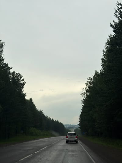 A light-colored SUV is driving down a wet asphalt road lined with dark green trees on both sides. The sky is overcast and light gray. The road has a white line down the center and to the right. The SUV is in the right lane, heading away from the viewer. There is a slight fog or mist rising from the road in the distance to the right. The location is identified as the M53 highway in the vicinity of the village of Mindela, Russia.
