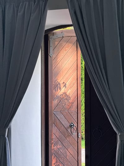 This image depicts an outdoor scene framed by dark gray curtains. The focus is on a wooden gate with a chevron pattern, bathed in warm sunlight that casts dappled shadows of leaves onto its surface. A circular metal ring, serving as a handle, is attached to the gate. Above the gate, a dark wooden structure is visible, possibly a roof or an overhang, with a circular metal embellishment. Beyond the gate, a row of lush green bushes or hedges suggests a garden or well-maintained outdoor space. The overall impression is one of a tranquil, sunlit afternoon, likely in a backyard or garden setting. The presence of the curtains suggests this view is from an interior space, looking outwards. There is no visible text in the image. The location context is Ilyanskiy selskiy Sovet, Belarus.