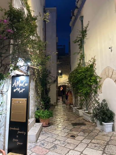 The image depicts a narrow, cobblestone alleyway in Polignano a Mare, Italy, at dusk. The alley is lined with white-washed buildings adorned with lush greenery and twinkling string lights. On the left, a sign displays "AMaCA made of Puglia" and advertises "Handmade Jewelry & Home Decor." Several potted plants are strategically placed along the alley, some supported by trellises. In the distance, the alley opens up to reveal a few figures walking, illuminated by a soft light from an unseen source. The cobblestones appear wet, suggesting recent rain. The overall atmosphere is charming and inviting, with a hint of rustic elegance.