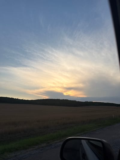 The image depicts a rural landscape under a twilight sky, possibly taken from inside a vehicle. In the foreground, a portion of a car's side mirror and window frame is visible on the right and bottom edges of the frame. Beyond this, a gravel road runs diagonally from the bottom right, bordered by a strip of grass. The middle ground is dominated by a vast, harvested field, appearing dry and golden-brown. A dark, forested treeline forms the horizon. The sky above is a blend of soft blue and pastel yellow, with wispy clouds suggesting the last moments of daylight. The overall impression is one of peaceful solitude in a rural setting. There are no people or animals visible in the image. The location is Sadaclia, Moldova.