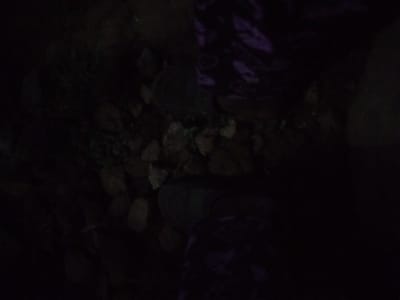 The image is dark and blurry, making it difficult to discern many details. It appears to be an outdoor scene, possibly in Iyara, Nigeria, though this cannot be confirmed from the visual information alone. In the foreground, there are some objects that resemble rocks or pieces of wood. The background is very dark, with some hints of purple and green, which could be vegetation or fabric. There are no discernible people or specific actions taking place. The overall impression is of a dimly lit, somewhat chaotic environment.
