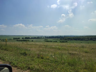The image depicts a rural landscape under a bright, partly cloudy sky. In the foreground, a grassy field with wildflowers and tall stalks of vegetation is visible, with a portion of a black car's side mirror on the left edge. The middle ground features more rolling fields, interspersed with scattered trees and bushes, leading to a dense treeline in the background. Beyond the treeline, the land appears to be a flat expanse, possibly agricultural fields, under a hazy sky. There are no people or identifiable structures in the scene. The location is described as the city of Bakhmut, Russia.