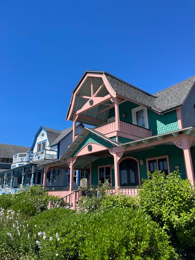 The image shows a row of colorful Victorian-style cottages in Oak Bluffs, Massachusetts, United States of America, under a clear blue sky. The foreground is dominated by lush green bushes and some white flowers. The cottages, painted in vibrant colors like teal, pink, and blue, feature distinctive architectural elements such as gingerbread trim, ornate porches, and gabled roofs. The closest cottage on the right is teal with pink trim, and a small house number "23" is visible. Further down the row, a cottage is painted white with blue trim and a diamond pattern. The scene depicts a sunny day in a picturesque seaside town. There are no people visible in the image.