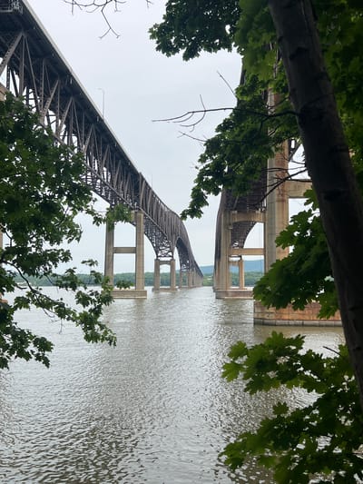 The image depicts the Newburgh-Beacon Bridge, specifically the southern span, as viewed from the shoreline in the Town of Fishkill, New York, USA. The bridge spans a wide body of water, likely the Hudson River. The image is framed by tree foliage on both sides, creating a natural foreground. The bridge is a steel truss cantilever bridge, supported by concrete piers that rise from the water. The water surface shows slight ripples or waves, suggesting a gentle breeze. The sky is overcast, casting a muted light on the scene. A smaller, older bridge is visible behind the main span in the distance.