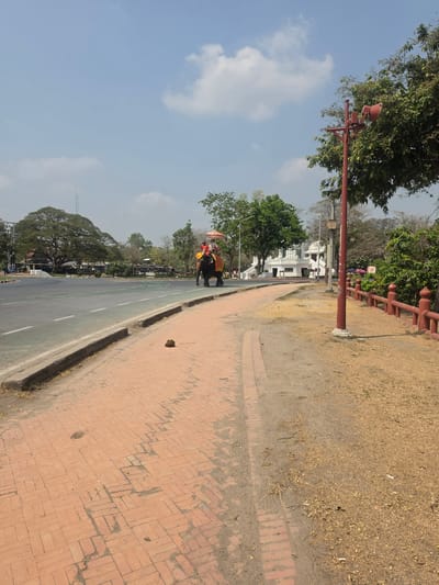 The image depicts a street scene in the Historic City of Ayutthaya, Thailand. A road runs through the center, flanked by a brick sidewalk on the right and trees on the left. An elephant with riders is walking along the road. A red traffic light pole stands near the sidewalk. The sky is blue with some clouds.