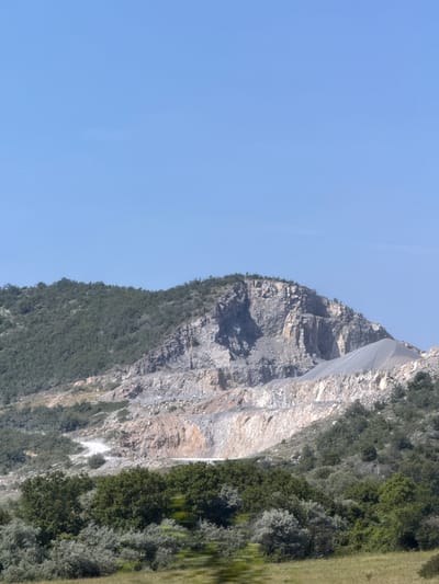 The image captures a landscape in Binkos, Bulgaria, under a clear, bright blue sky devoid of clouds, which occupies approximately the upper two-thirds of the frame. The lower portion of the image depicts a series of hills and mountains. On the left, a densely forested green hillside slopes upwards. Towards the center and right, a significant portion of a mountain face shows evidence of extensive quarrying. This section features exposed rock formations with distinct layers of grey, tan, and off-white, forming steep, terraced cuts. A large, smooth, conical pile of grey aggregate material is visible on the upper right side of the quarried area. A winding, light-colored dirt road ascends the lower slopes on the left, leading towards the quarry. The foreground consists of green grassy patches and clusters of trees and bushes, including darker green broadleaf trees and lighter, silvery-green shrubs. No human figures, vehicles, or active machinery are present. The scene is illuminated by natural daylight.