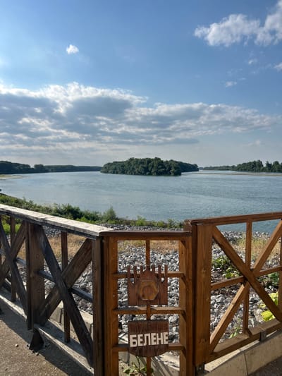 The image depicts a scenic view of the Danube River in Belene, Bulgaria. In the foreground, a rustic wooden fence with a gate is visible, adorned with a decorative wooden sign featuring Cyrillic lettering that reads "БЕЛЕНЕ" (Belene) and a circular emblem. Beyond the fence, the wide expanse of the river flows, bordered by lush green trees on both banks. A small, tree-covered island is situated in the middle of the river. The sky above is a clear blue, dotted with scattered white clouds, indicating a bright and sunny day. The environment suggests a tranquil, natural setting, possibly a park or a riverside promenade. There are no people visible in the image. The ground in front of the fence is paved with asphalt, while the area behind the fence is covered with gravel and vegetation.