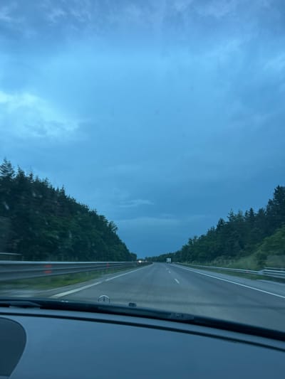 The image depicts a view from a vehicle traveling on a highway, likely in the Novi han, Bulgaria area. The scene is oriented vertically, suggesting it was taken from a side window. The highway stretches into the distance, bordered by lush green trees on either side. The sky is a clear, pale blue, indicating it is daytime, possibly late afternoon or early morning given the soft lighting. The weather appears to be fair, with no visible rain or strong clouds.

The highway itself has multiple lanes and is marked with white lines. Orange reflectors are visible along the side of the road. The perspective from the vehicle gives a sense of motion, as if the viewer is a passenger on a journey. The overall mood is peaceful and serene, conveying the feeling of travel and the natural beauty of the surroundings.

There is a speed limit sign visible in the distance, but the text is too small to be legible. The image does not contain any people or discernible objects other than those associated with a highway environment and the natural landscape. The focus is on the expanse of the road and the enveloping greenery under a calm sky.