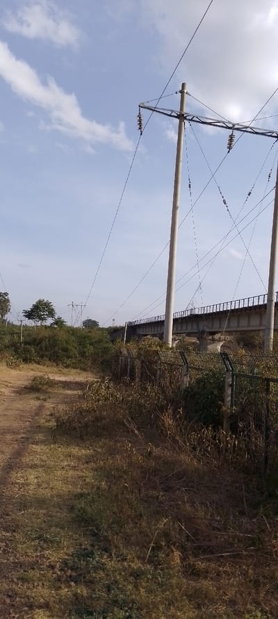 A landscape features a dirt path alongside a fence, leading towards a concrete bridge supported by pillars. Overhead, power lines stretch between tall, white poles. Patches of brown grass and dense shrubs fill the foreground and middle ground. In the distance, trees punctuate the horizon against a bright, lightly clouded sky.