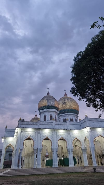 The image shows the exterior of a mosque with distinctive golden domes against a cloudy, twilight sky. The mosque features white architecture with intricate carvings around arched entrances, illuminated by exterior lights. Several people are visible within the arched doorways, some appearing to be performing religious duties, with green cloths covering prayer mats. A large tree with dark green foliage is partially visible on the right side of the frame, obscuring a portion of the sky. The ground in front of the mosque is covered with dry grass and some patches of bare earth. The scene suggests a tranquil, possibly evening, setting at the mosque, located in the city of Kambam, Indonesia.