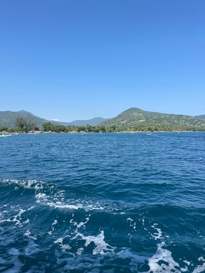 The image depicts a coastal scene in Pemenang Timur, Indonesia. A coastline with lush, green vegetation runs parallel to the horizon, meeting the edge of a clear blue sky. Adjacent to the coastline is the ocean, marked by waves and white foam. The water's color transitions from deep blue to a lighter shade, reflecting the sky. There are no people visible. The landscape consists of a mountain range covered in dense greenery, gradually descending into the coastal strip. The focus is split between the natural elements of the landscape, the water, and the sky.
