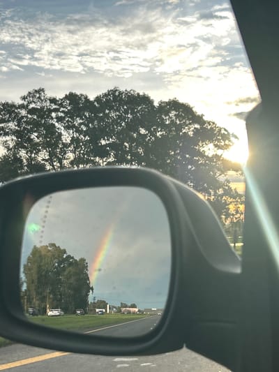 The image shows a car's side mirror reflecting a rainbow over a grassy area next to a road. In the background of the reflection, there are houses and trees. Outside the mirror, the sky is partly cloudy, and trees are visible. The location is likely in or near Chascomús, Argentina, based on image context.
