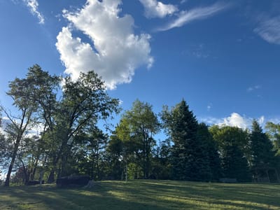 The media file depicts a serene outdoor scene, likely a park or natural area in South Abington Township, USA. The sky is a vibrant blue, adorned with fluffy white clouds, suggesting a pleasant day with good weather. Sunlight casts long shadows across a manicured green lawn, indicating it is either early morning or late afternoon.
The foreground is dominated by a gently sloping grassy area. In the mid-ground, a cluster of mature trees stands tall, their lush green foliage creating a sense of depth and natural beauty. Among the trees, large, dark rocks are visible, adding to the rustic charm of the landscape. A tree stump can be seen to the right of the frame.
Further in the background, the trees form a dense treeline, with a mix of deciduous and evergreen species. To the far right, a charming wooden gazebo with a sloped roof and railing offers a hint of human presence and a potential spot for relaxation or gathering. A bench is also visible nestled amongst the trees, inviting viewers to imagine resting and enjoying the tranquility of the surroundings.
There are no people or text visible in the media file. The overall mood is peaceful and tranquil, emphasizing the beauty of nature and the calm of the outdoors.